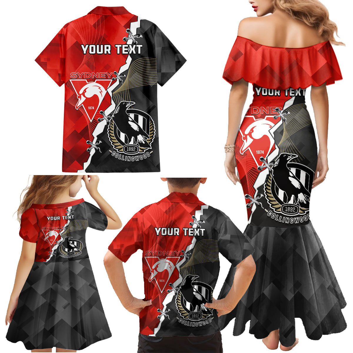 personalised-collingwood-and-swans-football-family-matching-mermaid-dress-and-hawaiian-shirt-2023-together-sporty-style