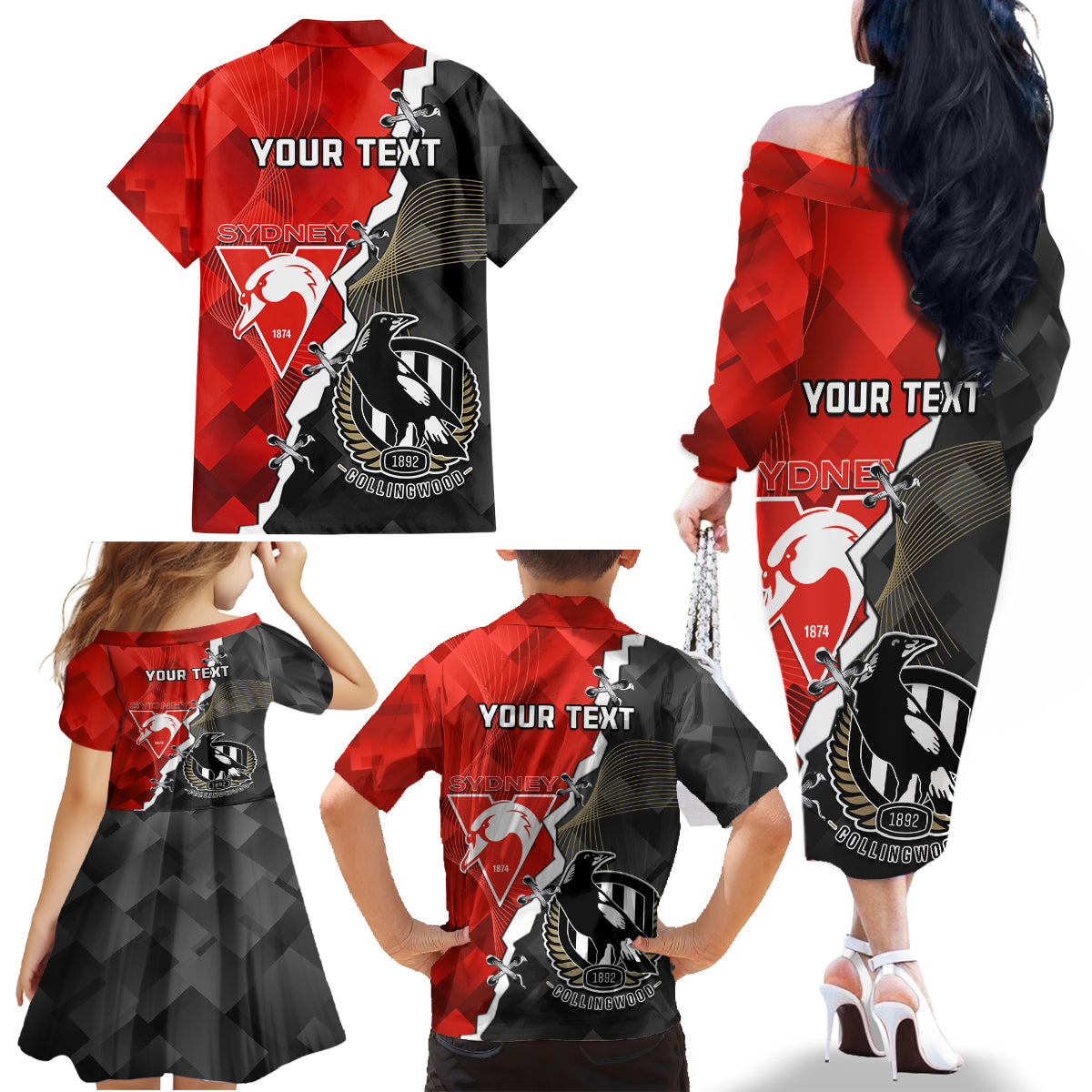 personalised-collingwood-and-swans-football-family-matching-off-shoulder-long-sleeve-dress-and-hawaiian-shirt-2023-together-sporty-style