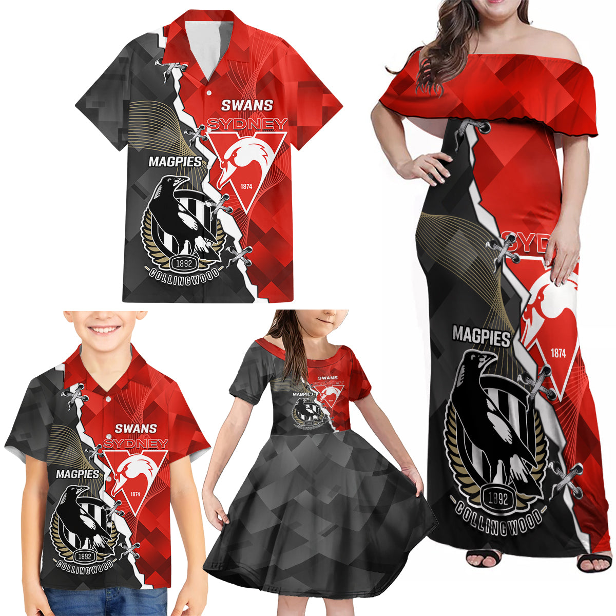 personalised-collingwood-and-swans-football-family-matching-off-shoulder-maxi-dress-and-hawaiian-shirt-2023-together-sporty-style