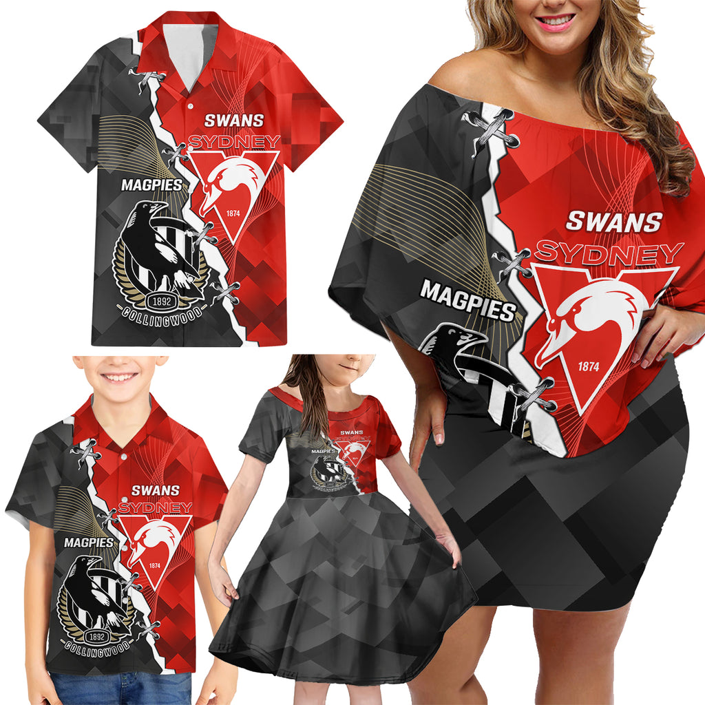 personalised-collingwood-and-swans-football-family-matching-off-shoulder-short-dress-and-hawaiian-shirt-2023-together-sporty-style