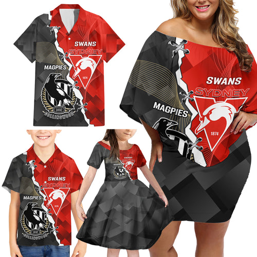 personalised-collingwood-and-swans-football-family-matching-off-shoulder-short-dress-and-hawaiian-shirt-2023-together-sporty-style