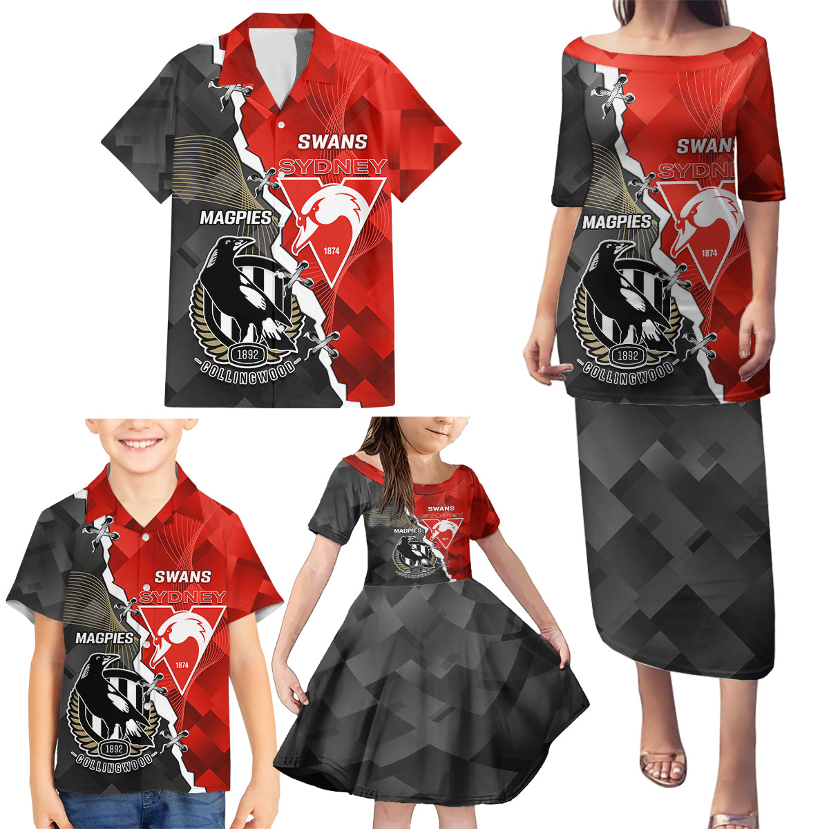 personalised-collingwood-and-swans-football-family-matching-puletasi-dress-and-hawaiian-shirt-2023-together-sporty-style