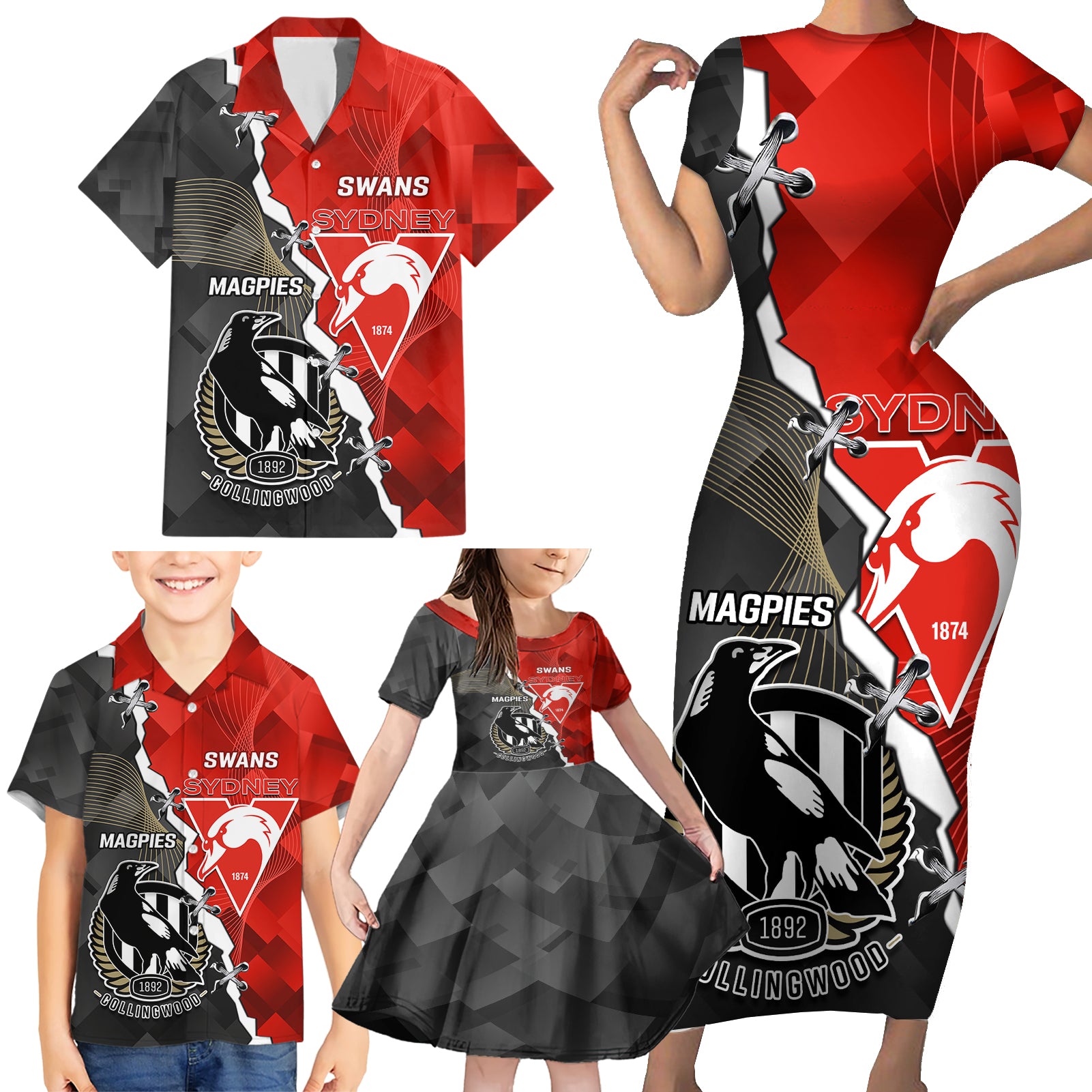 personalised-collingwood-and-swans-football-family-matching-short-sleeve-bodycon-dress-and-hawaiian-shirt-2023-together-sporty-style