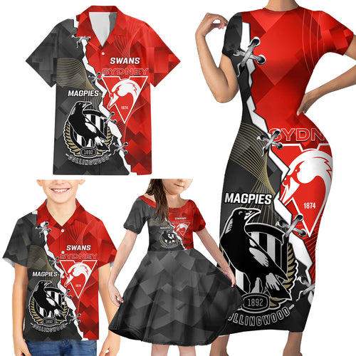 personalised-collingwood-and-swans-football-family-matching-short-sleeve-bodycon-dress-and-hawaiian-shirt-2023-together-sporty-style