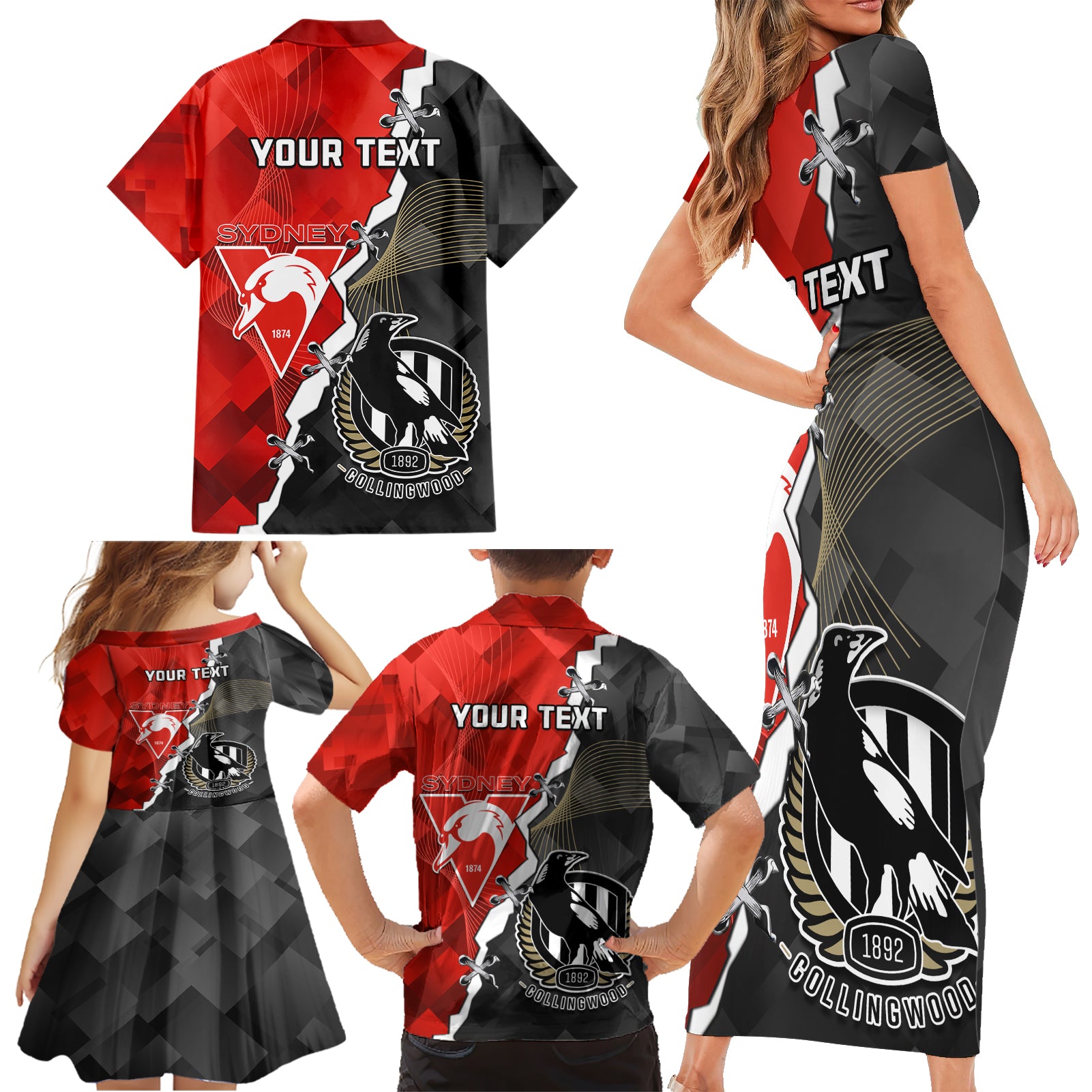 personalised-collingwood-and-swans-football-family-matching-short-sleeve-bodycon-dress-and-hawaiian-shirt-2023-together-sporty-style