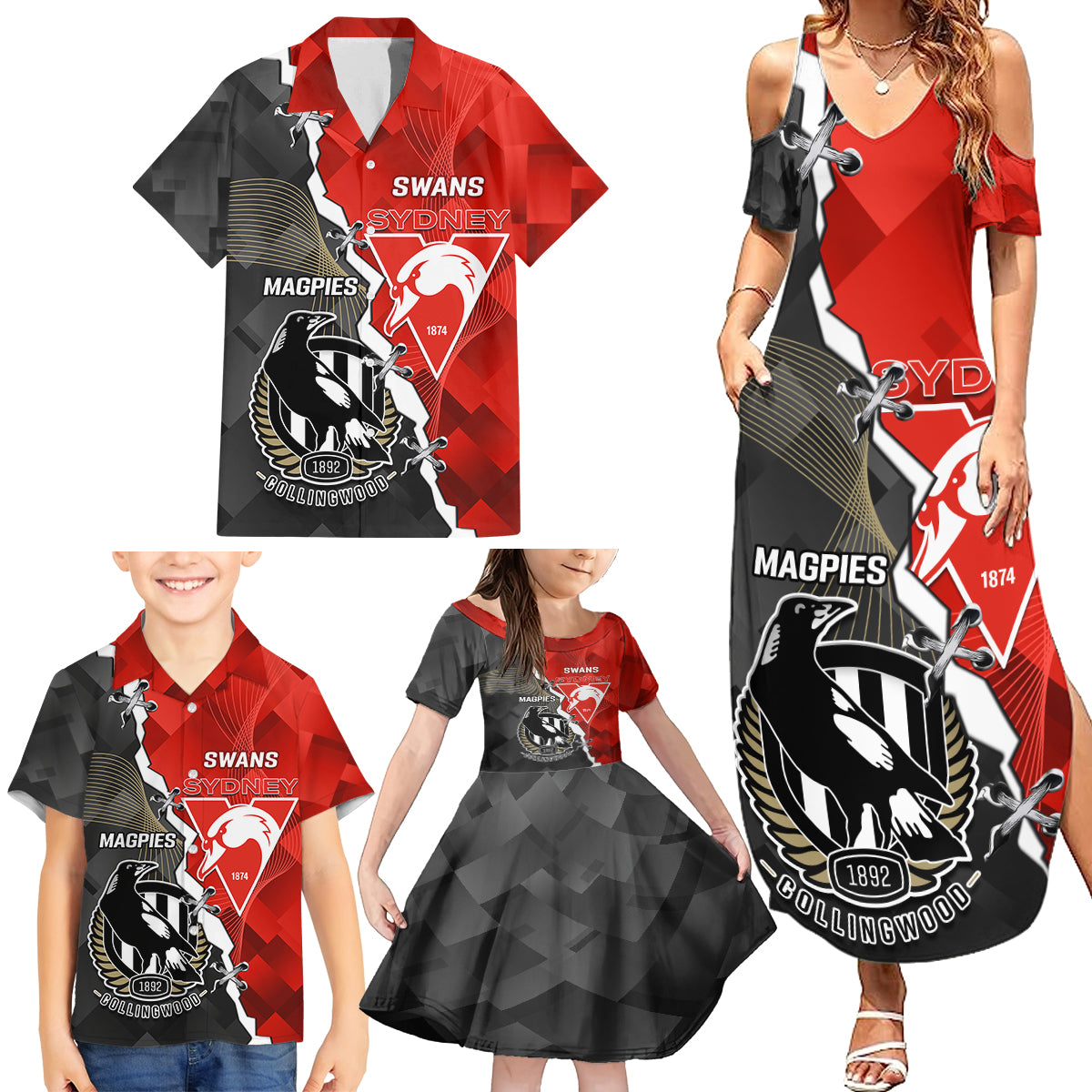 personalised-collingwood-and-swans-football-family-matching-summer-maxi-dress-and-hawaiian-shirt-2023-together-sporty-style