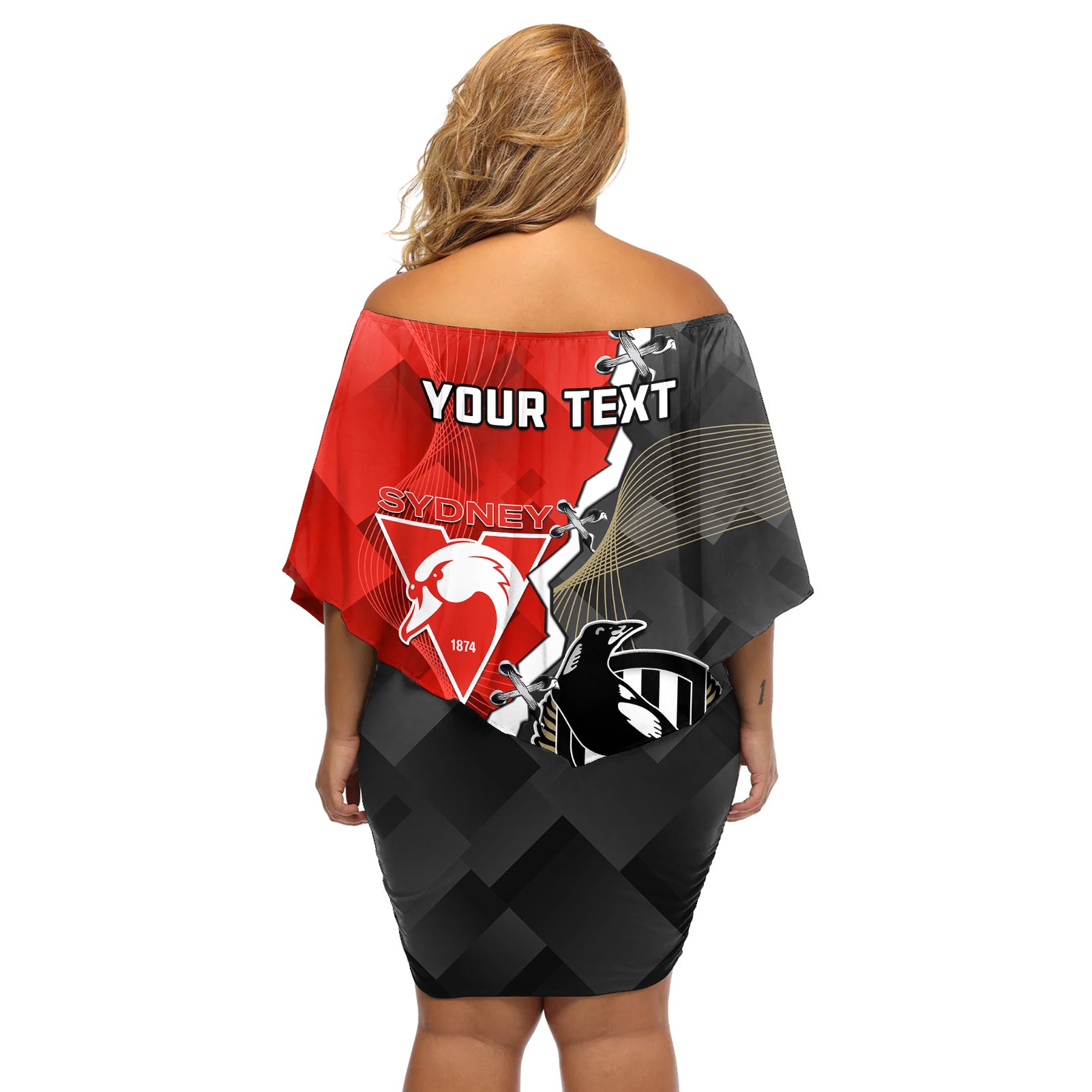 personalised-collingwood-and-swans-football-off-shoulder-short-dress-2023-together-sporty-style