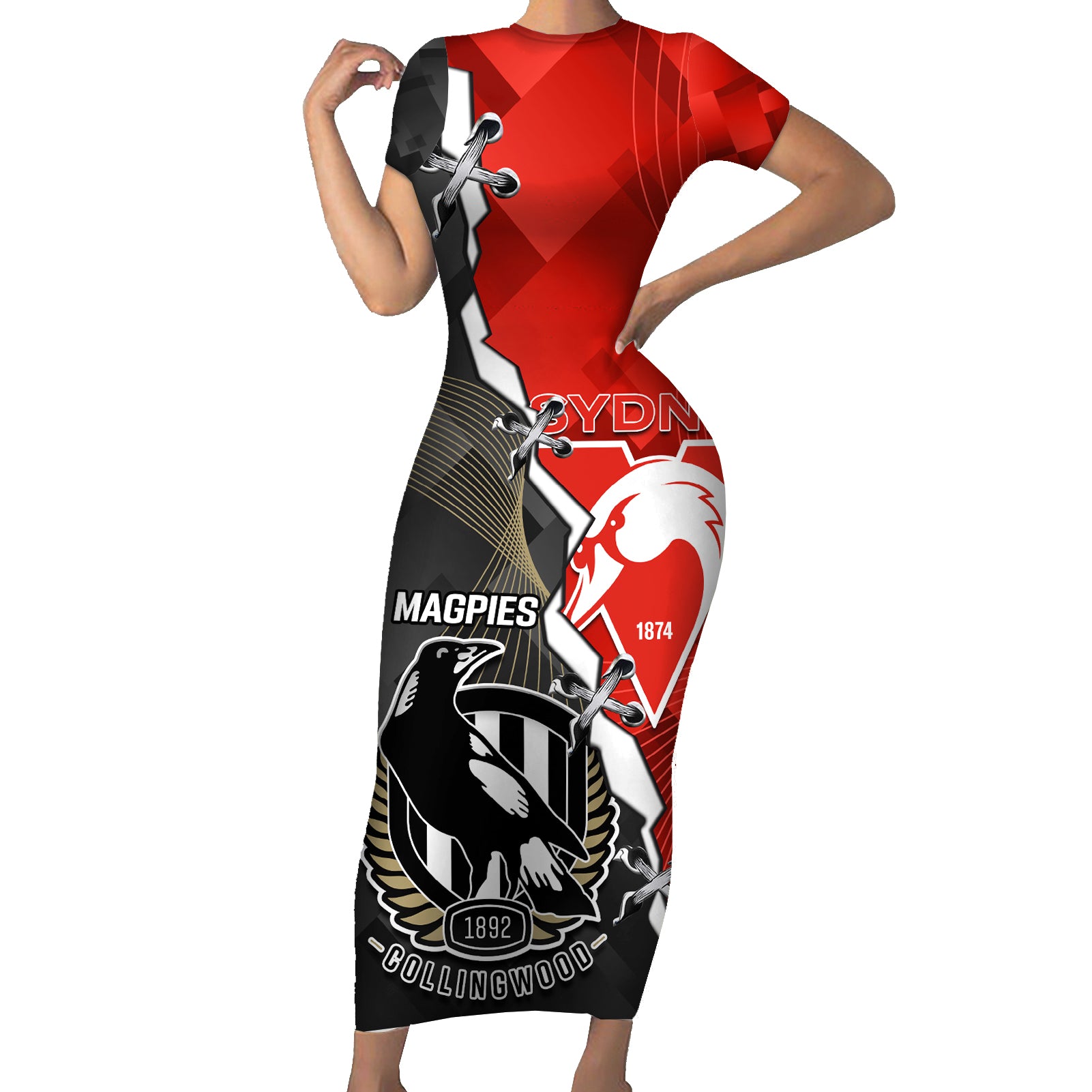 personalised-collingwood-and-swans-football-short-sleeve-bodycon-dress-2023-together-sporty-style