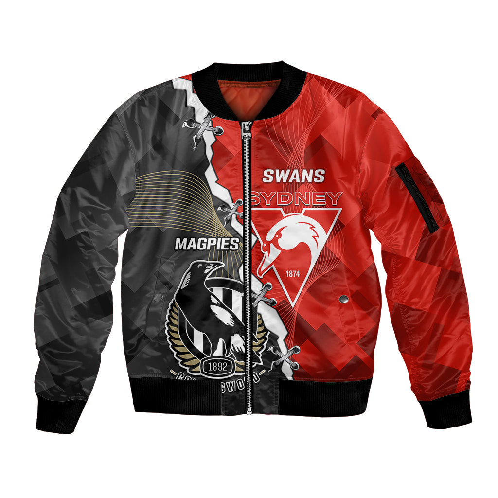personalised-collingwood-and-swans-football-sleeve-zip-bomber-jacket-2023-together-sporty-style