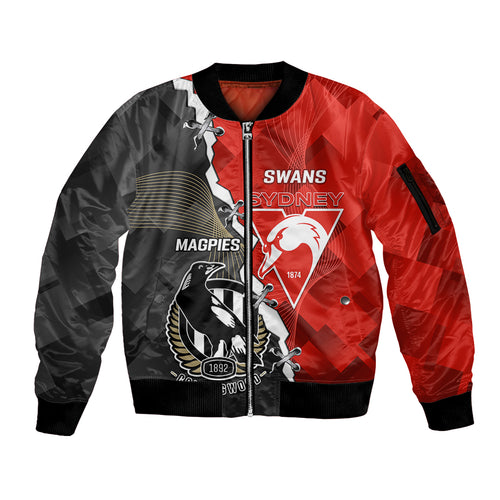 personalised-collingwood-and-swans-football-sleeve-zip-bomber-jacket-2023-together-sporty-style