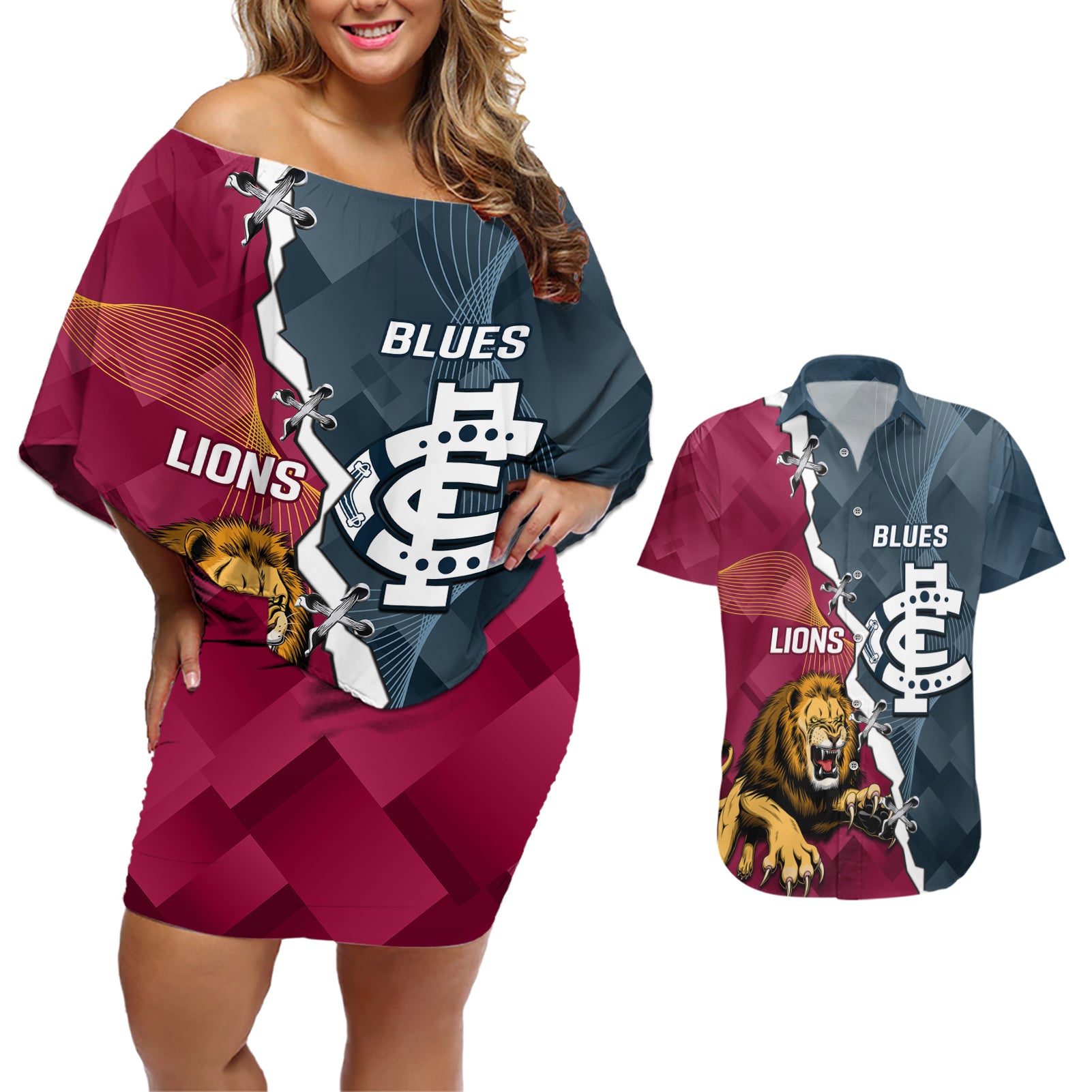 personalised-lions-and-blues-football-couples-matching-off-shoulder-short-dress-and-hawaiian-shirt-2023-together-sporty-style