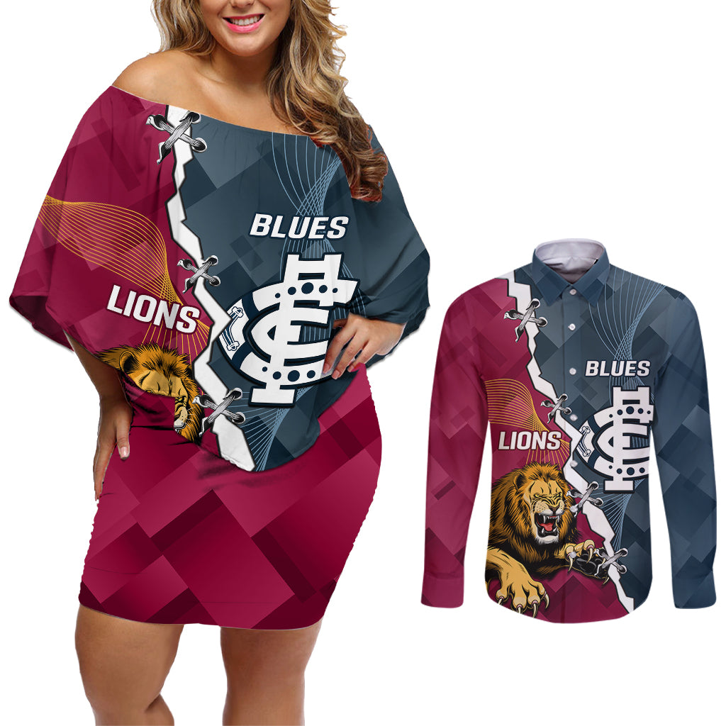 personalised-lions-and-blues-football-couples-matching-off-shoulder-short-dress-and-long-sleeve-button-shirts-2023-together-sporty-style