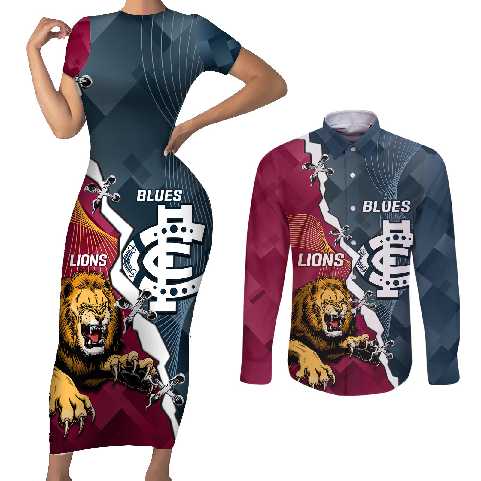 personalised-lions-and-blues-football-couples-matching-short-sleeve-bodycon-dress-and-long-sleeve-button-shirts-2023-together-sporty-style