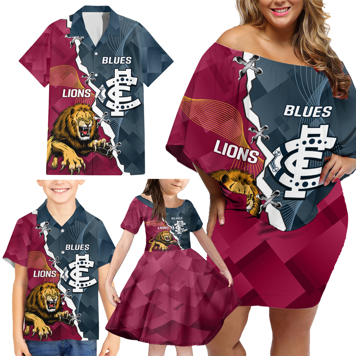 personalised-lions-and-blues-football-family-matching-off-shoulder-short-dress-and-hawaiian-shirt-2023-together-sporty-style