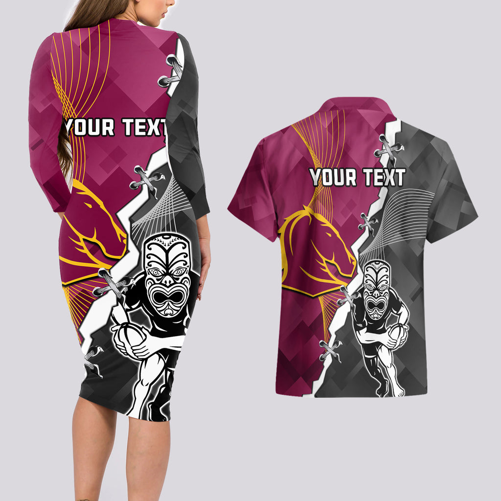 personalised-warriors-and-broncos-rugby-couples-matching-long-sleeve-bodycon-dress-and-hawaiian-shirt-2023-together-sporty-style