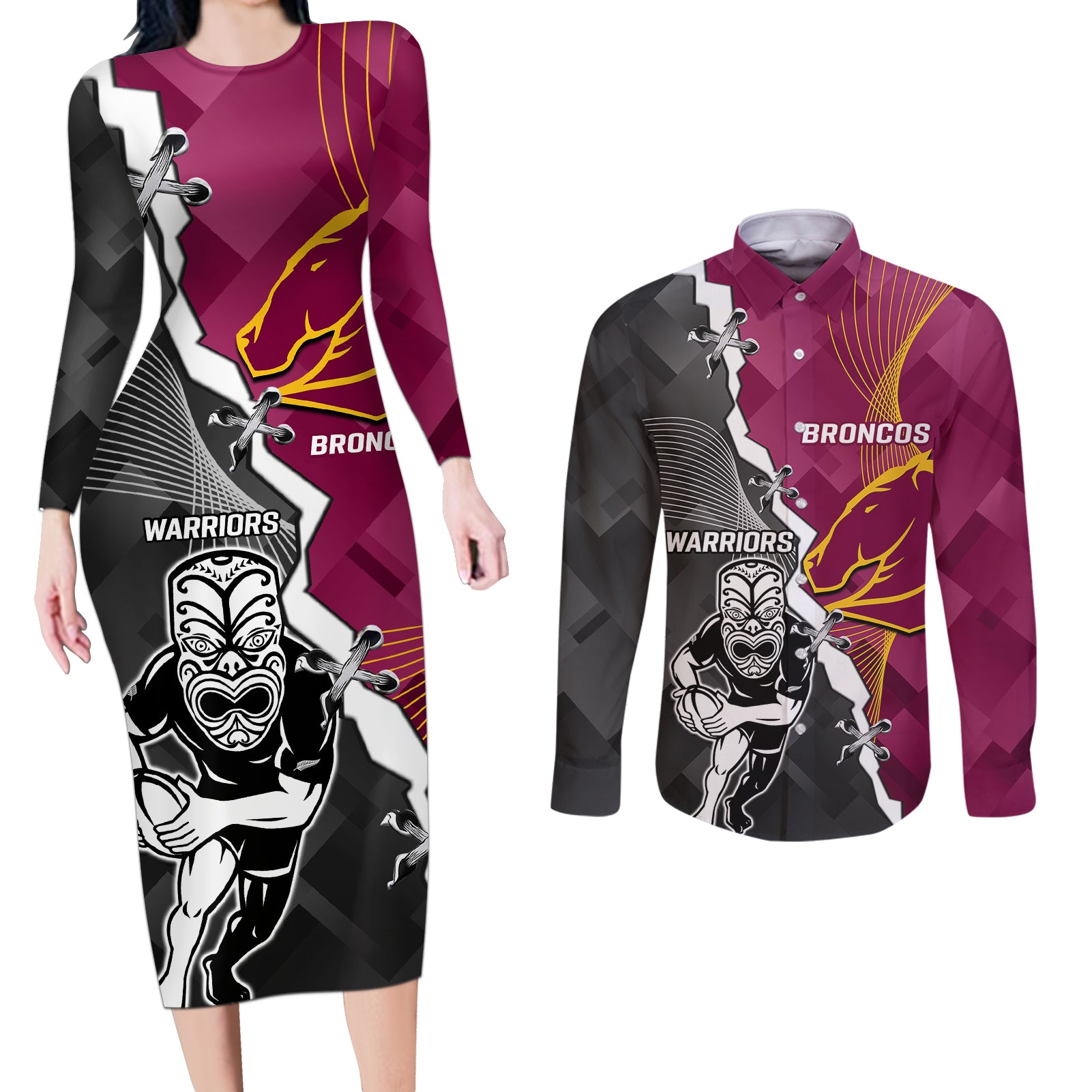 personalised-warriors-and-broncos-rugby-couples-matching-long-sleeve-bodycon-dress-and-long-sleeve-button-shirts-2023-together-sporty-style
