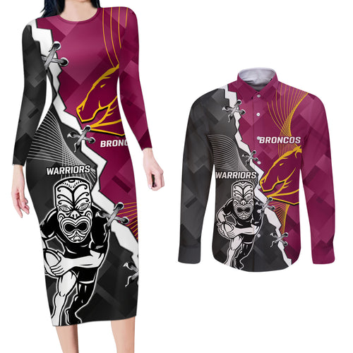 personalised-warriors-and-broncos-rugby-couples-matching-long-sleeve-bodycon-dress-and-long-sleeve-button-shirts-2023-together-sporty-style