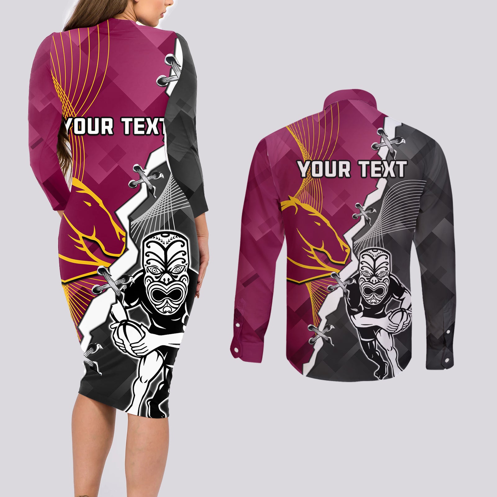 personalised-warriors-and-broncos-rugby-couples-matching-long-sleeve-bodycon-dress-and-long-sleeve-button-shirts-2023-together-sporty-style