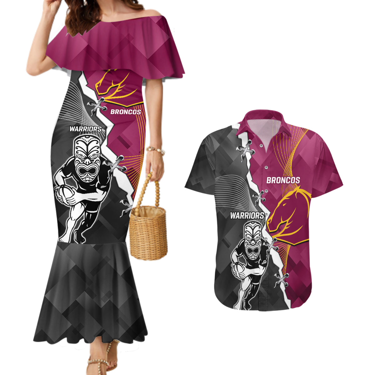 personalised-warriors-and-broncos-rugby-couples-matching-mermaid-dress-and-hawaiian-shirt-2023-together-sporty-style