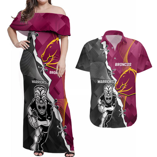 personalised-warriors-and-broncos-rugby-couples-matching-off-shoulder-maxi-dress-and-hawaiian-shirt-2023-together-sporty-style