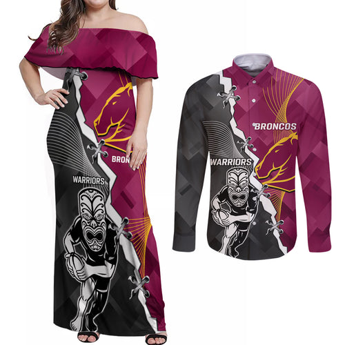 personalised-warriors-and-broncos-rugby-couples-matching-off-shoulder-maxi-dress-and-long-sleeve-button-shirts-2023-together-sporty-style