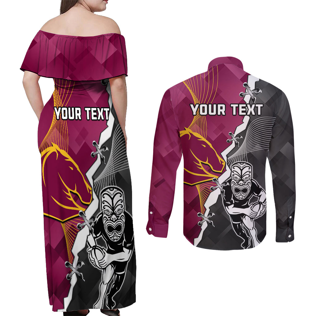 personalised-warriors-and-broncos-rugby-couples-matching-off-shoulder-maxi-dress-and-long-sleeve-button-shirts-2023-together-sporty-style