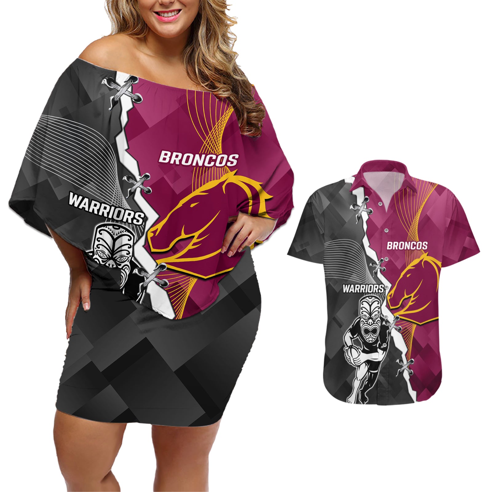 personalised-warriors-and-broncos-rugby-couples-matching-off-shoulder-short-dress-and-hawaiian-shirt-2023-together-sporty-style