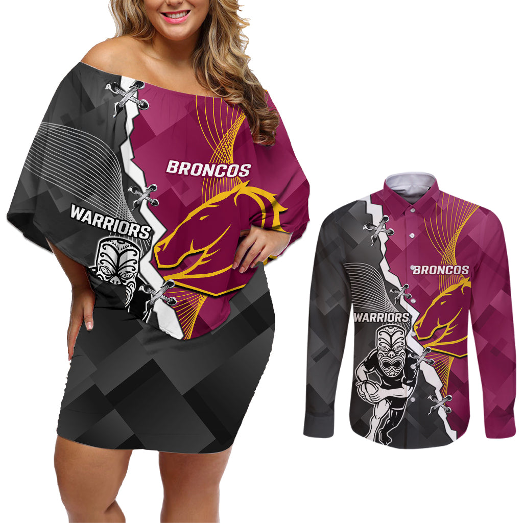 personalised-warriors-and-broncos-rugby-couples-matching-off-shoulder-short-dress-and-long-sleeve-button-shirts-2023-together-sporty-style