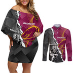 personalised-warriors-and-broncos-rugby-couples-matching-off-shoulder-short-dress-and-long-sleeve-button-shirts-2023-together-sporty-style