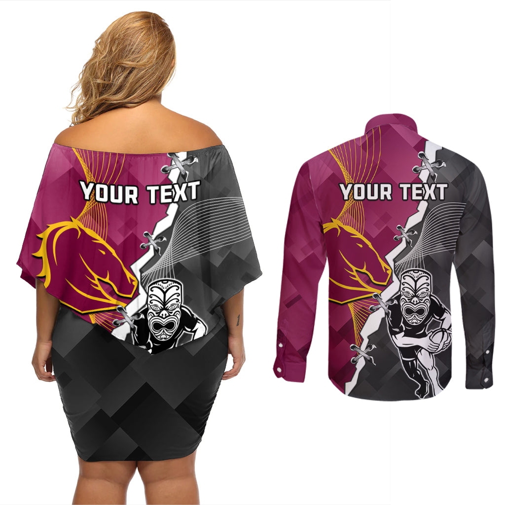 personalised-warriors-and-broncos-rugby-couples-matching-off-shoulder-short-dress-and-long-sleeve-button-shirts-2023-together-sporty-style