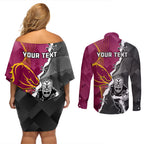 personalised-warriors-and-broncos-rugby-couples-matching-off-shoulder-short-dress-and-long-sleeve-button-shirts-2023-together-sporty-style
