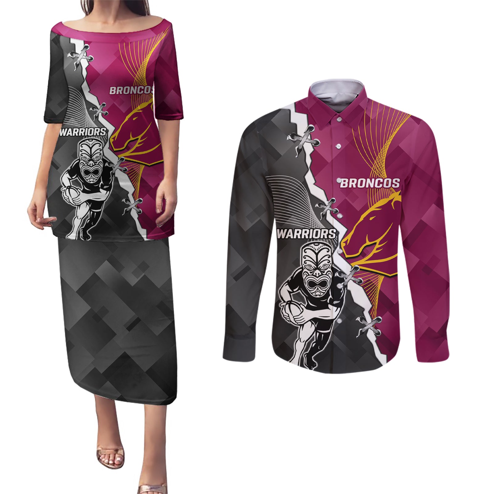 personalised-warriors-and-broncos-rugby-couples-matching-puletasi-dress-and-long-sleeve-button-shirts-2023-together-sporty-style