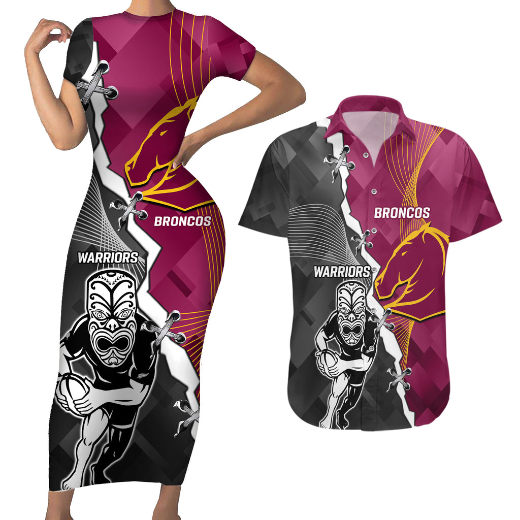 personalised-warriors-and-broncos-rugby-couples-matching-short-sleeve-bodycon-dress-and-hawaiian-shirt-2023-together-sporty-style