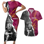 personalised-warriors-and-broncos-rugby-couples-matching-short-sleeve-bodycon-dress-and-hawaiian-shirt-2023-together-sporty-style