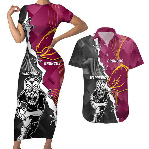 personalised-warriors-and-broncos-rugby-couples-matching-short-sleeve-bodycon-dress-and-hawaiian-shirt-2023-together-sporty-style