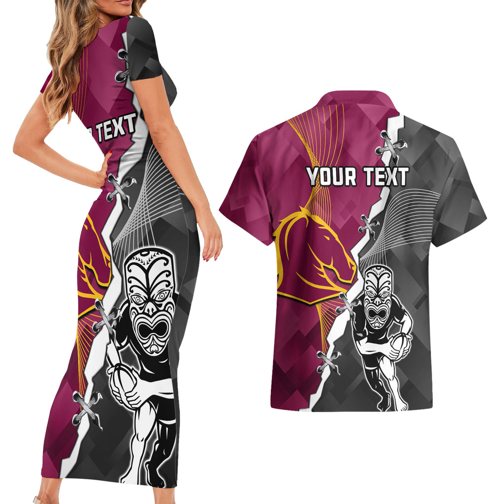 personalised-warriors-and-broncos-rugby-couples-matching-short-sleeve-bodycon-dress-and-hawaiian-shirt-2023-together-sporty-style