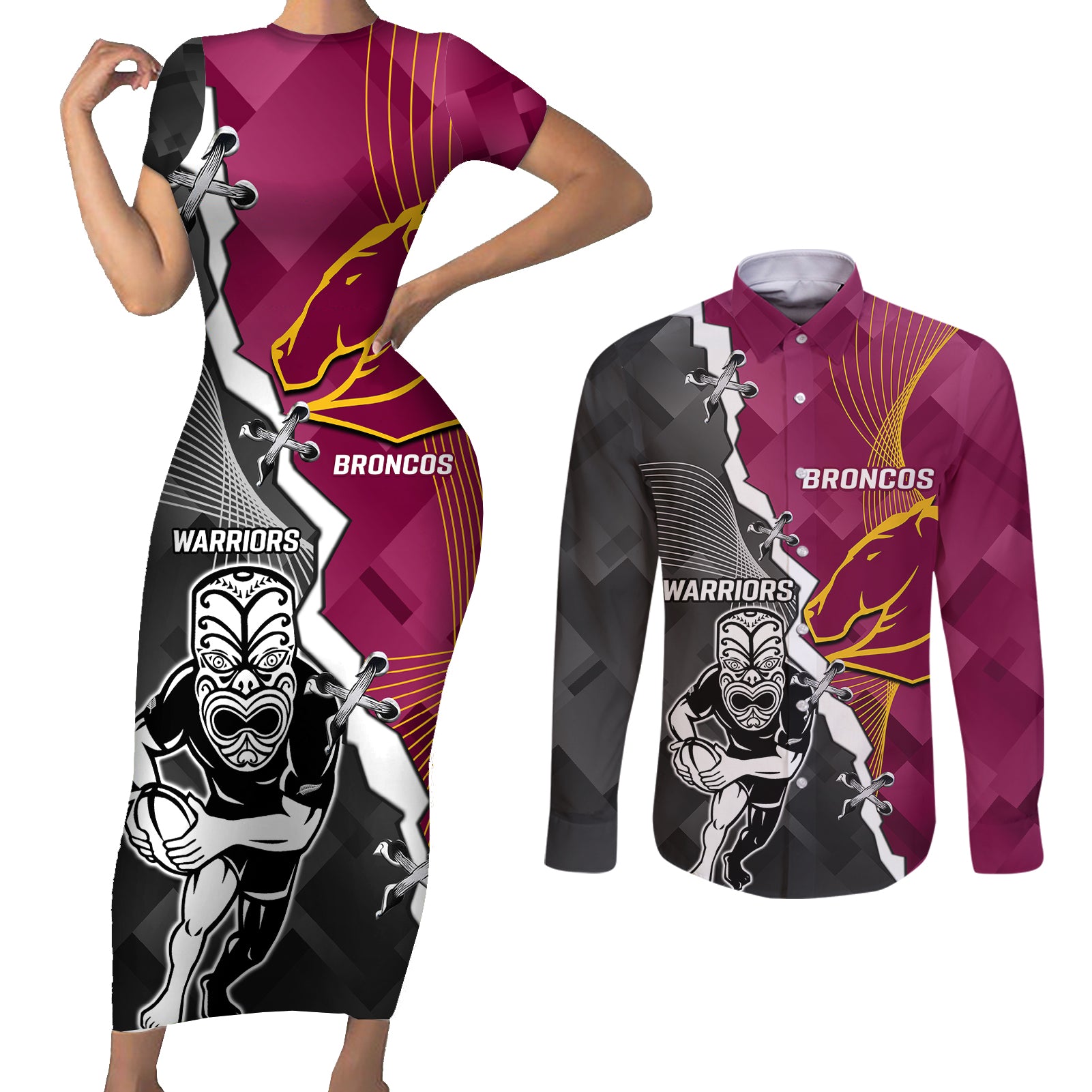 personalised-warriors-and-broncos-rugby-couples-matching-short-sleeve-bodycon-dress-and-long-sleeve-button-shirts-2023-together-sporty-style