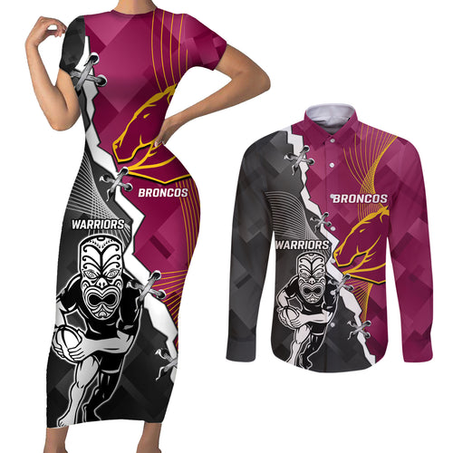 personalised-warriors-and-broncos-rugby-couples-matching-short-sleeve-bodycon-dress-and-long-sleeve-button-shirts-2023-together-sporty-style