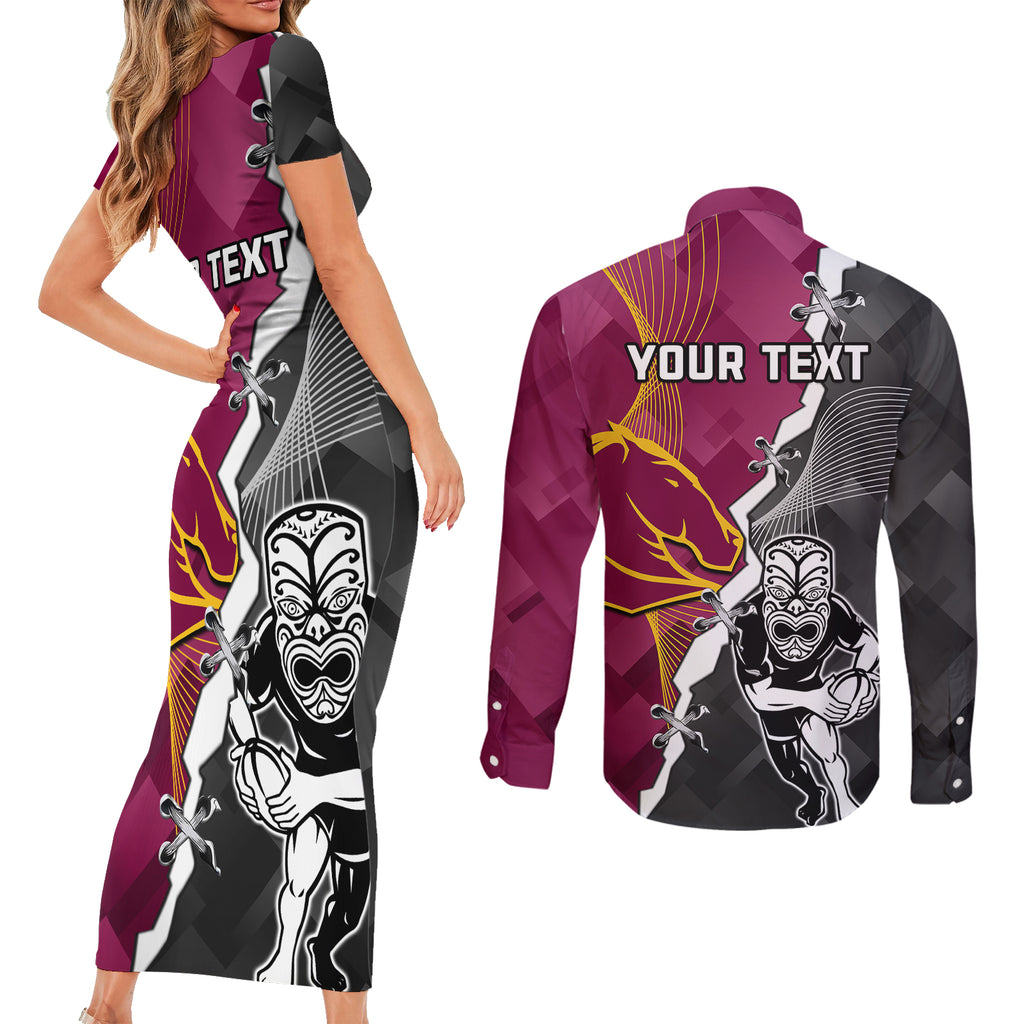 personalised-warriors-and-broncos-rugby-couples-matching-short-sleeve-bodycon-dress-and-long-sleeve-button-shirts-2023-together-sporty-style