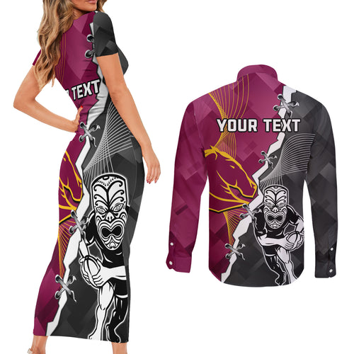 personalised-warriors-and-broncos-rugby-couples-matching-short-sleeve-bodycon-dress-and-long-sleeve-button-shirts-2023-together-sporty-style