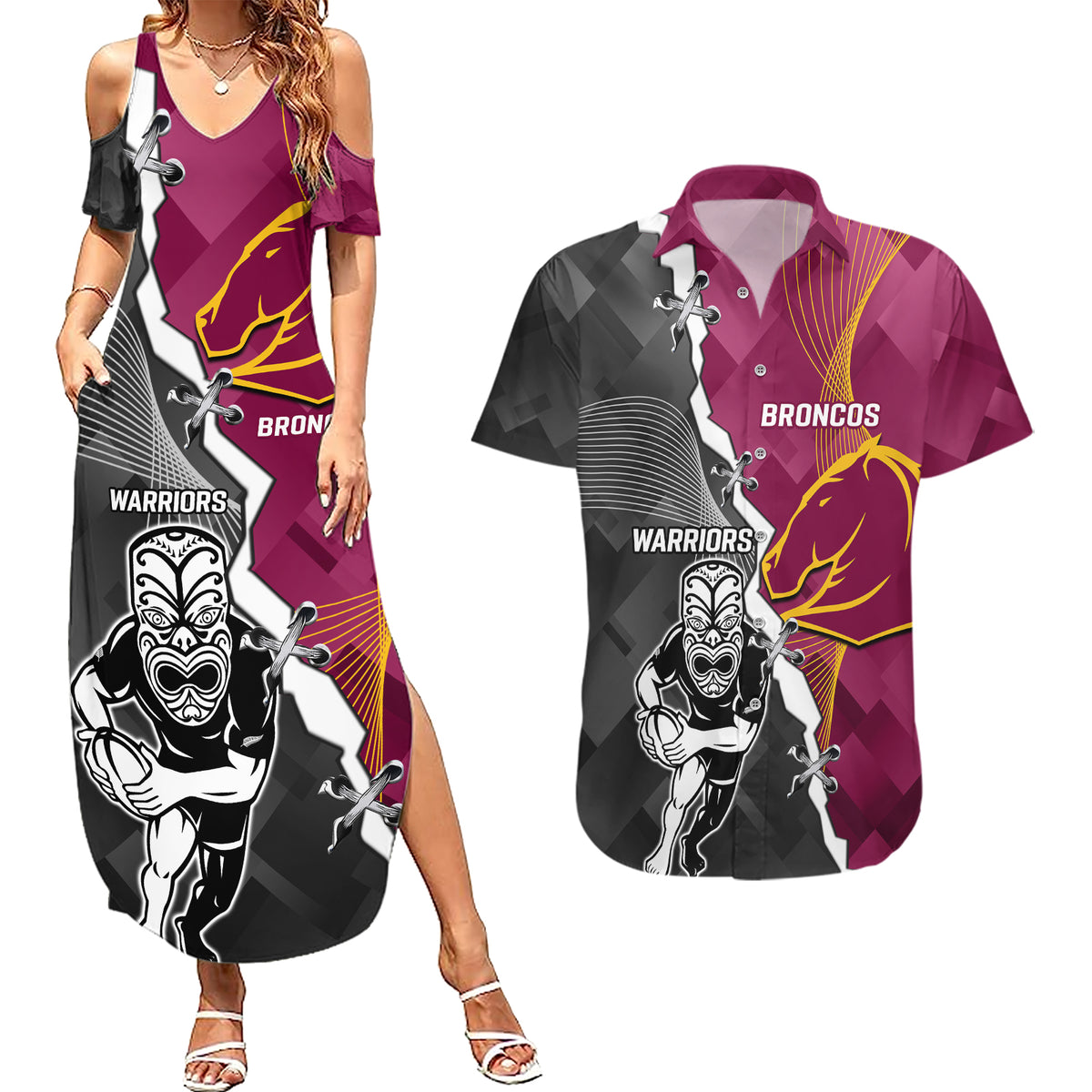 personalised-warriors-and-broncos-rugby-couples-matching-summer-maxi-dress-and-hawaiian-shirt-2023-together-sporty-style