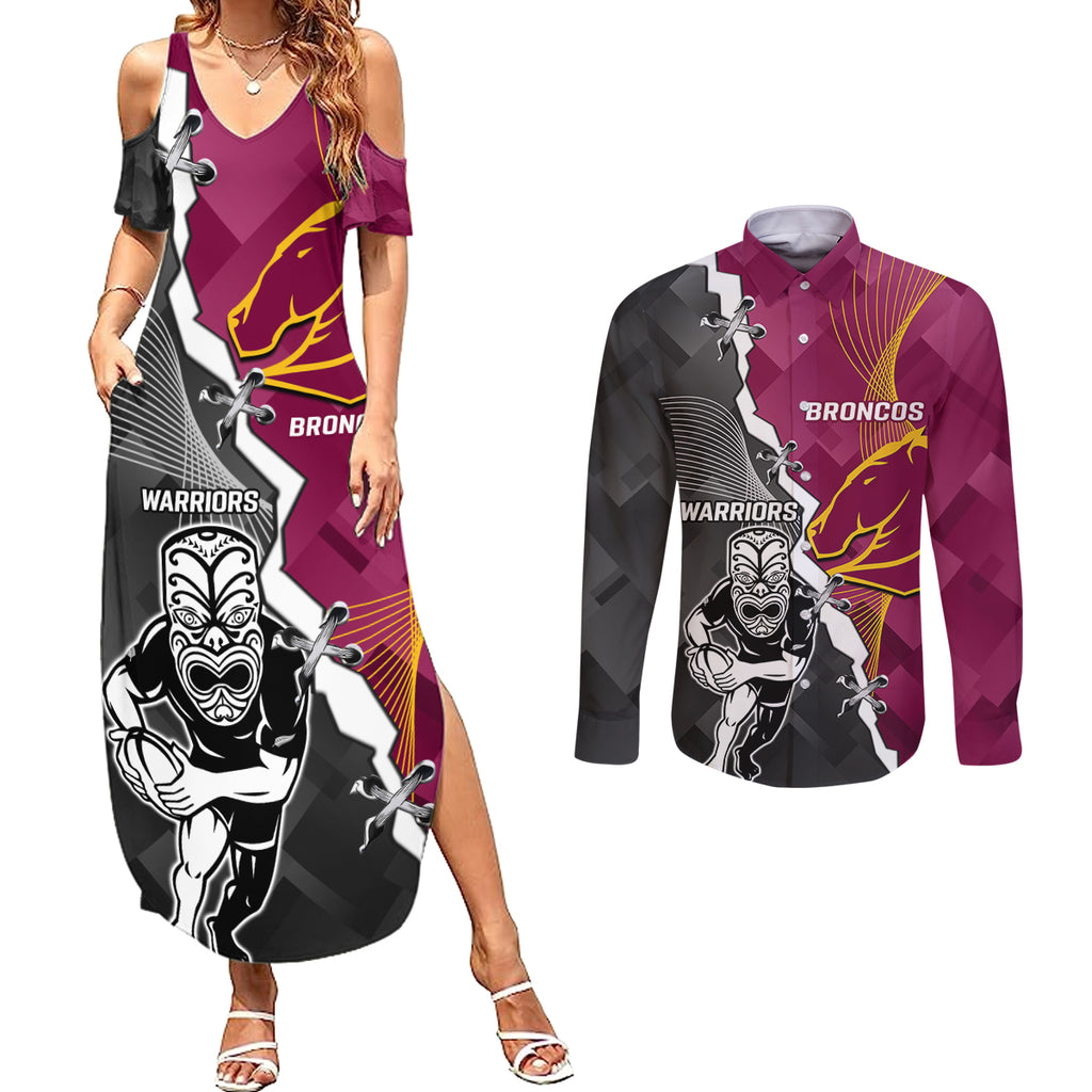personalised-warriors-and-broncos-rugby-couples-matching-summer-maxi-dress-and-long-sleeve-button-shirts-2023-together-sporty-style