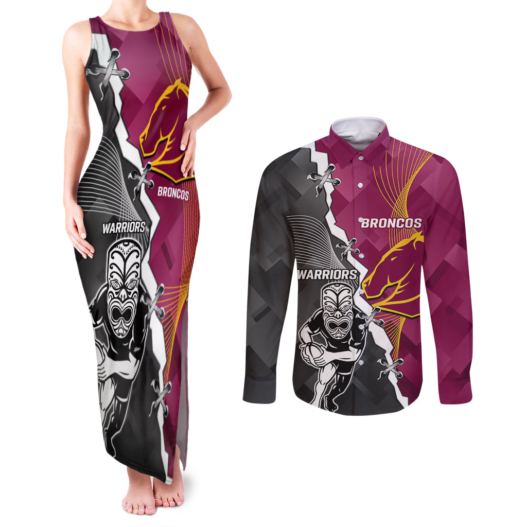 personalised-warriors-and-broncos-rugby-couples-matching-tank-maxi-dress-and-long-sleeve-button-shirts-2023-together-sporty-style