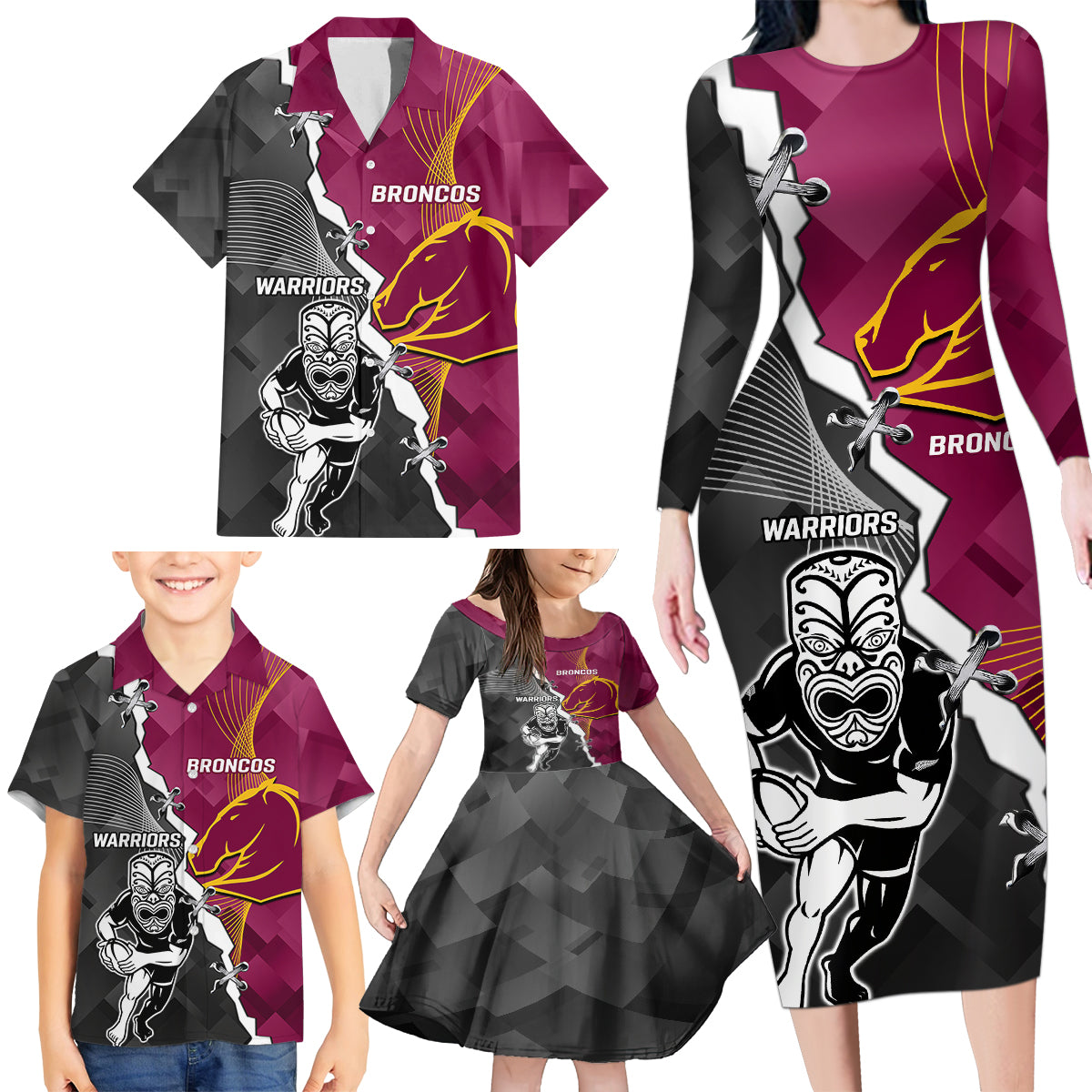 personalised-warriors-and-broncos-rugby-family-matching-long-sleeve-bodycon-dress-and-hawaiian-shirt-2023-together-sporty-style