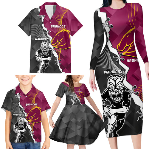 personalised-warriors-and-broncos-rugby-family-matching-long-sleeve-bodycon-dress-and-hawaiian-shirt-2023-together-sporty-style