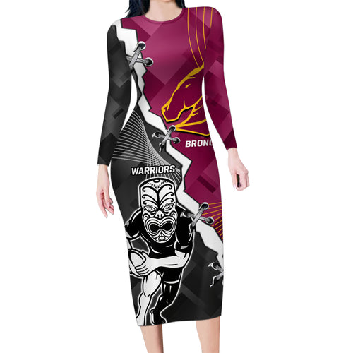 personalised-warriors-and-broncos-rugby-family-matching-long-sleeve-bodycon-dress-and-hawaiian-shirt-2023-together-sporty-style