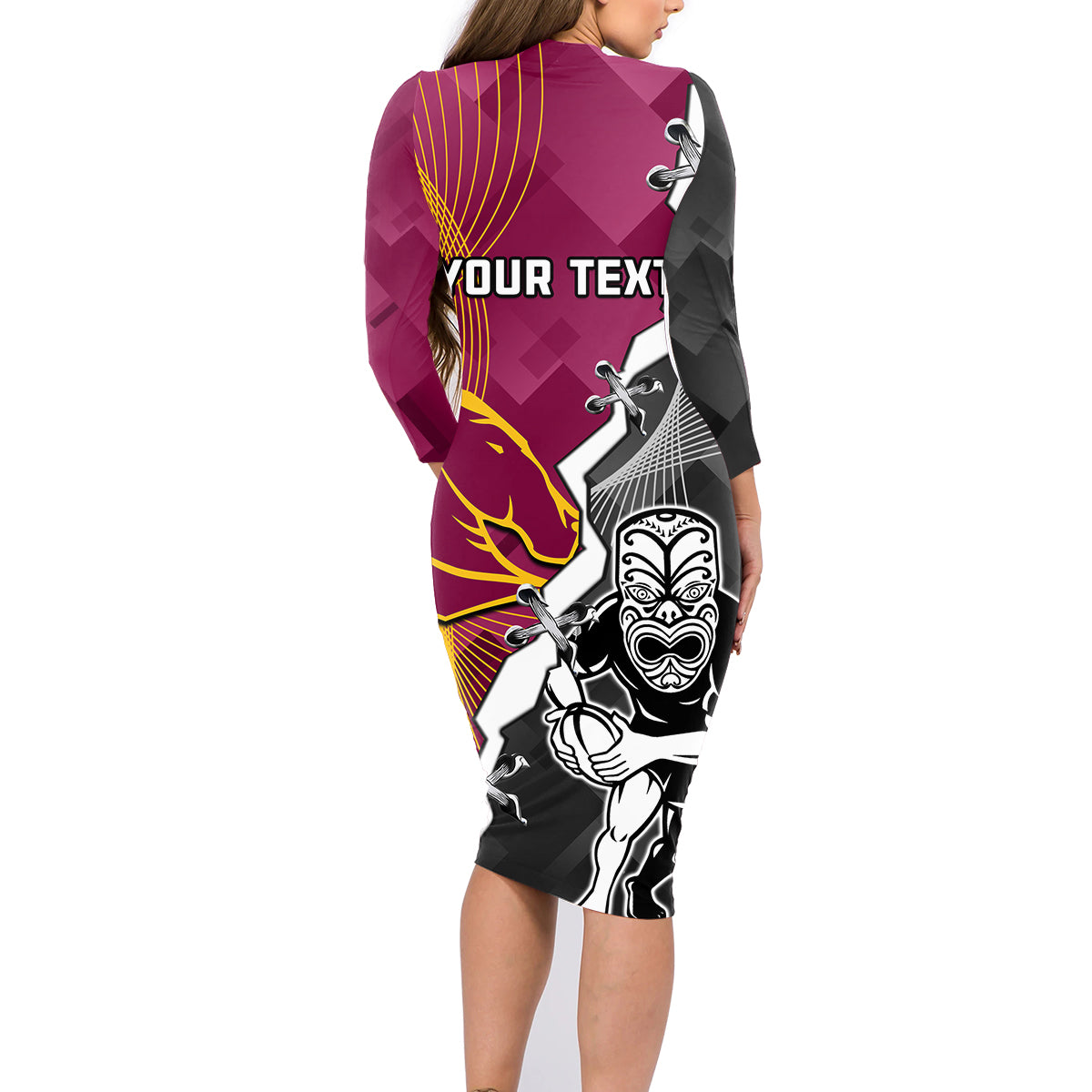 personalised-warriors-and-broncos-rugby-family-matching-long-sleeve-bodycon-dress-and-hawaiian-shirt-2023-together-sporty-style
