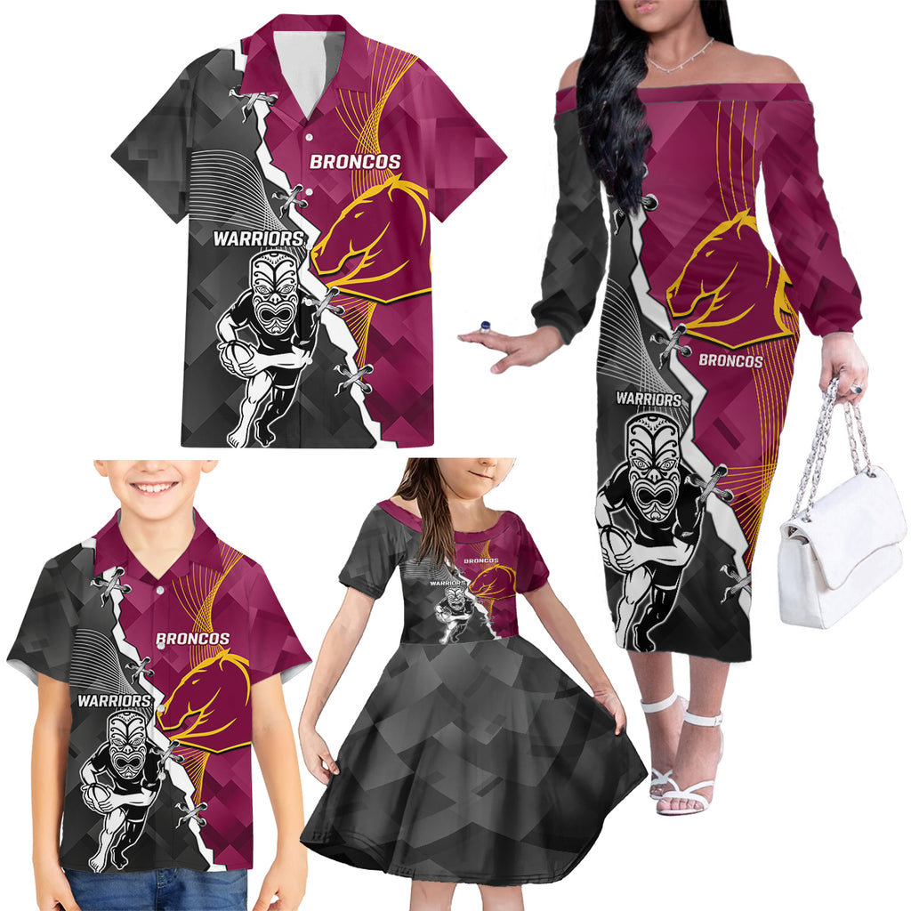 personalised-warriors-and-broncos-rugby-family-matching-off-shoulder-long-sleeve-dress-and-hawaiian-shirt-2023-together-sporty-style