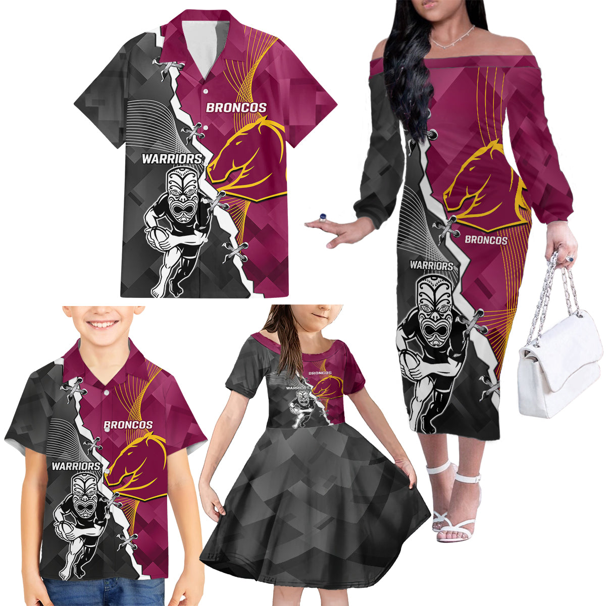 personalised-warriors-and-broncos-rugby-family-matching-off-shoulder-long-sleeve-dress-and-hawaiian-shirt-2023-together-sporty-style