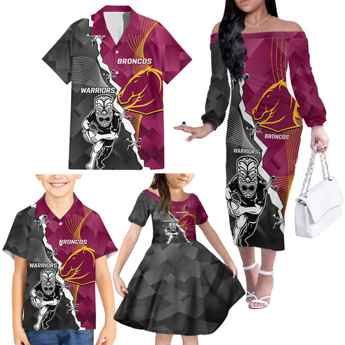 personalised-warriors-and-broncos-rugby-family-matching-off-shoulder-long-sleeve-dress-and-hawaiian-shirt-2023-together-sporty-style